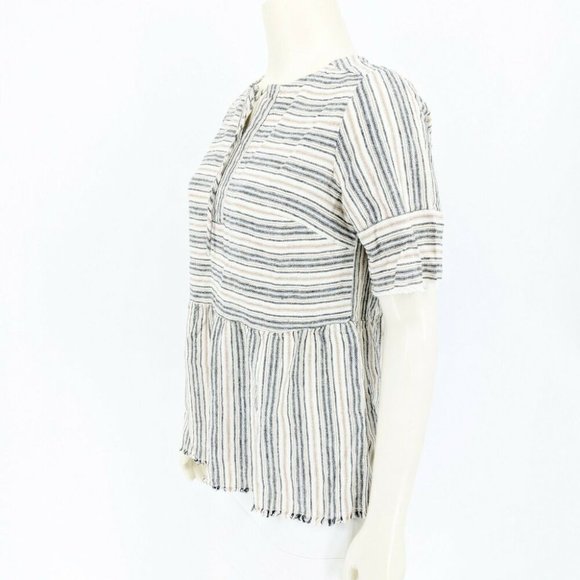 Denim & Co. Striped Blouse Top Fringe Detailing Neutral Tan Women's Size XXS - Picture 4 of 7